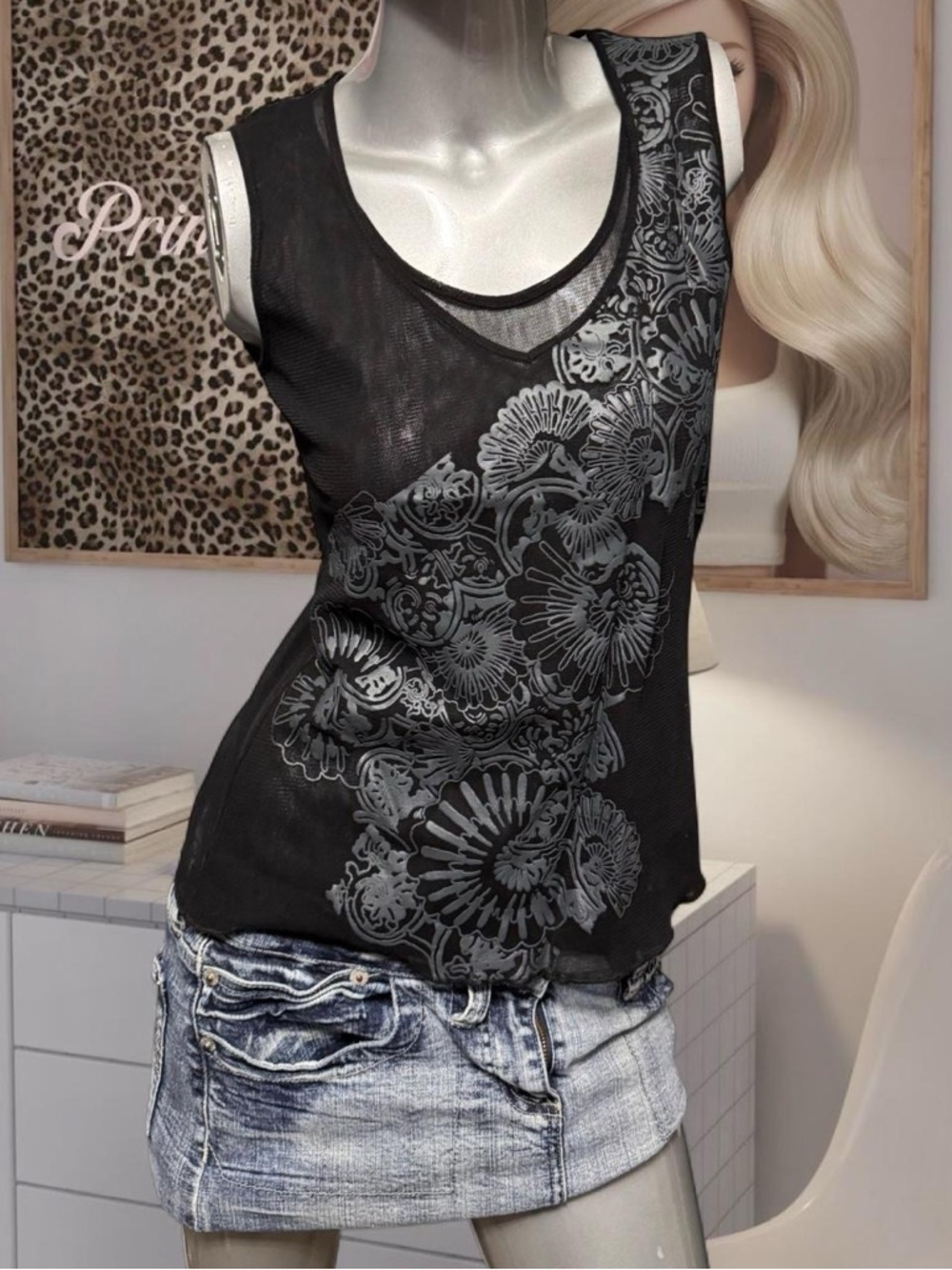 Vintage Cyber Y2K Flower MeshTank Top - Picture 2 of 6